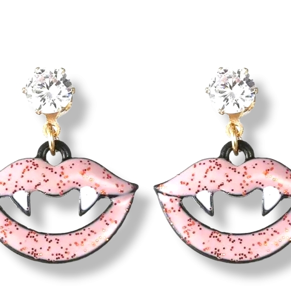 Bundle 2 pairs 1 red 1 pink sparkly crystal vampire teeth lips earrings - Picture 7 of 12